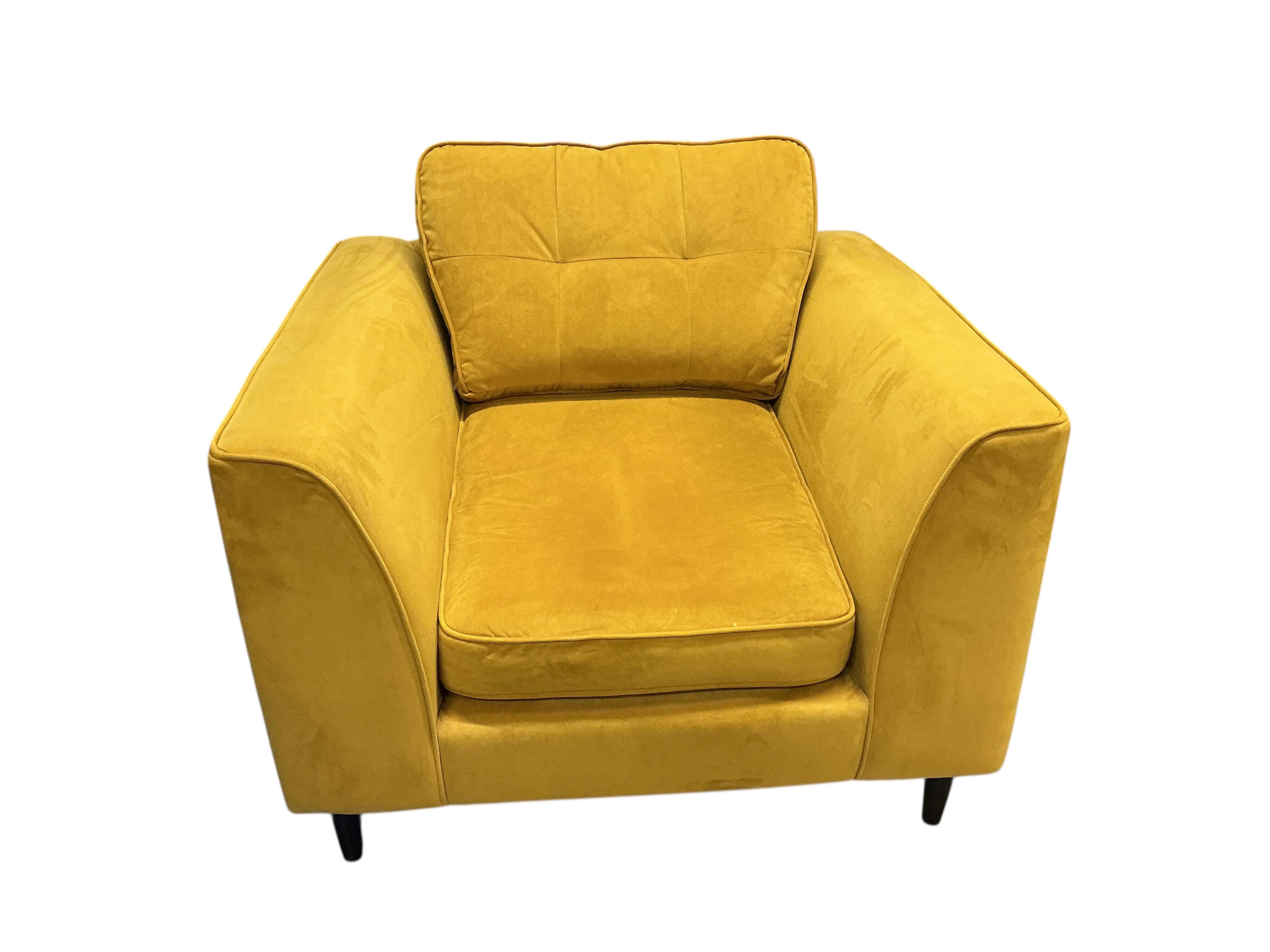 A pair of contemporary OKA mustard velvet lounge chairs, width 104cm, depth 96cm, height 78cm